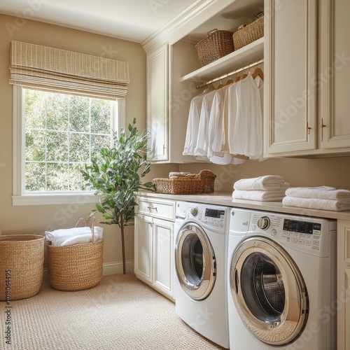 A bright and organized laundry room featuring modern appliances, clean linens, and natural decor for a refreshing atmosphere. photo