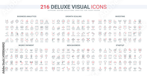 Business startup, economy data research and analytics for investment, arrow size line icon set. Services of payment and NFT, development gears thin black and red outline symbols vector illustration