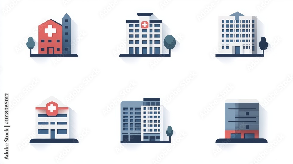 Obraz premium Simple, flat icons representing downtown apartments and hospitals.