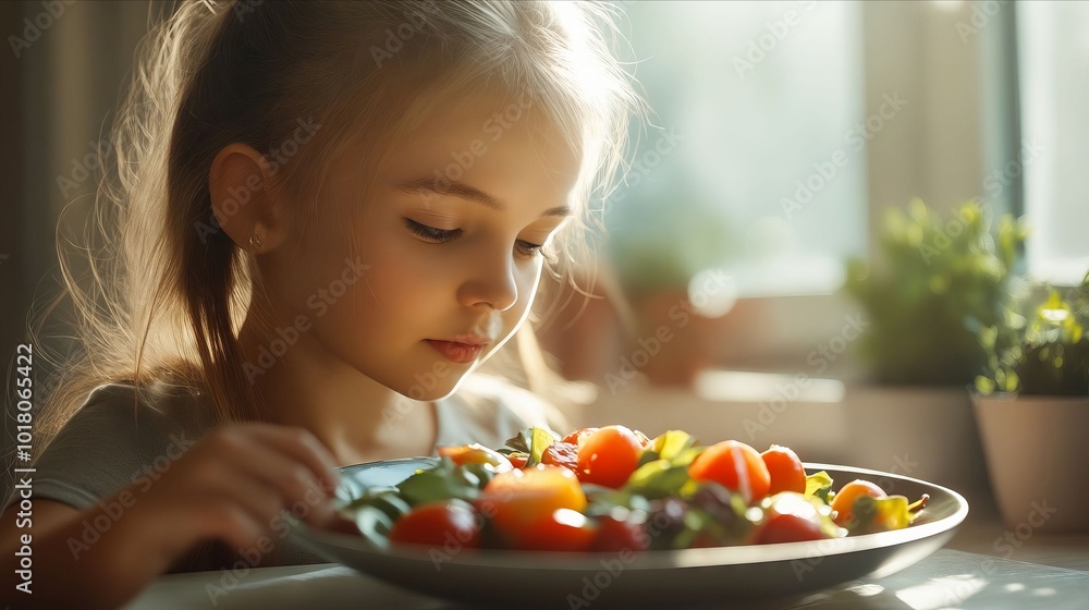 A little girl sitting at a table with a plate of vegetables A little girl sitting at a table with a plate of vegetables