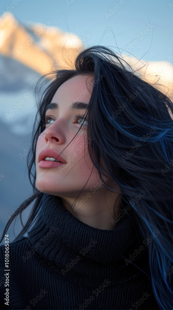 Fototapeta premium A young woman gazes thoughtfully towards the mountains during a serene sunset, her flowing hair caught in the gentle breeze of nature