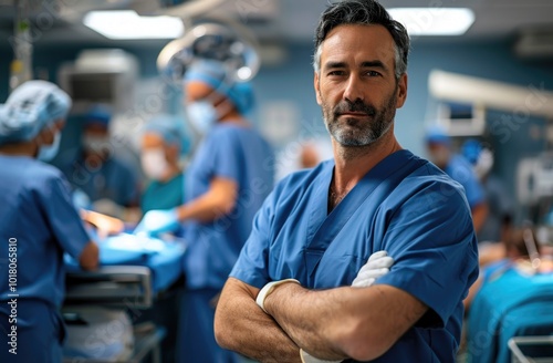 Portrait of male surgeon standing with arms crossed in operation theater at hospital. Team surgeons are performing an operation, middle aged doctor is looking at camera, in a modern operating room