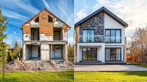 Home renovation, house before and after repair. New and old suburban cottage. Remodel construction