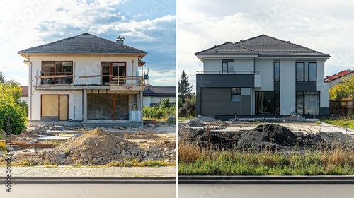 Home renovation, house before and after repair. New and old suburban cottage. Remodel construction