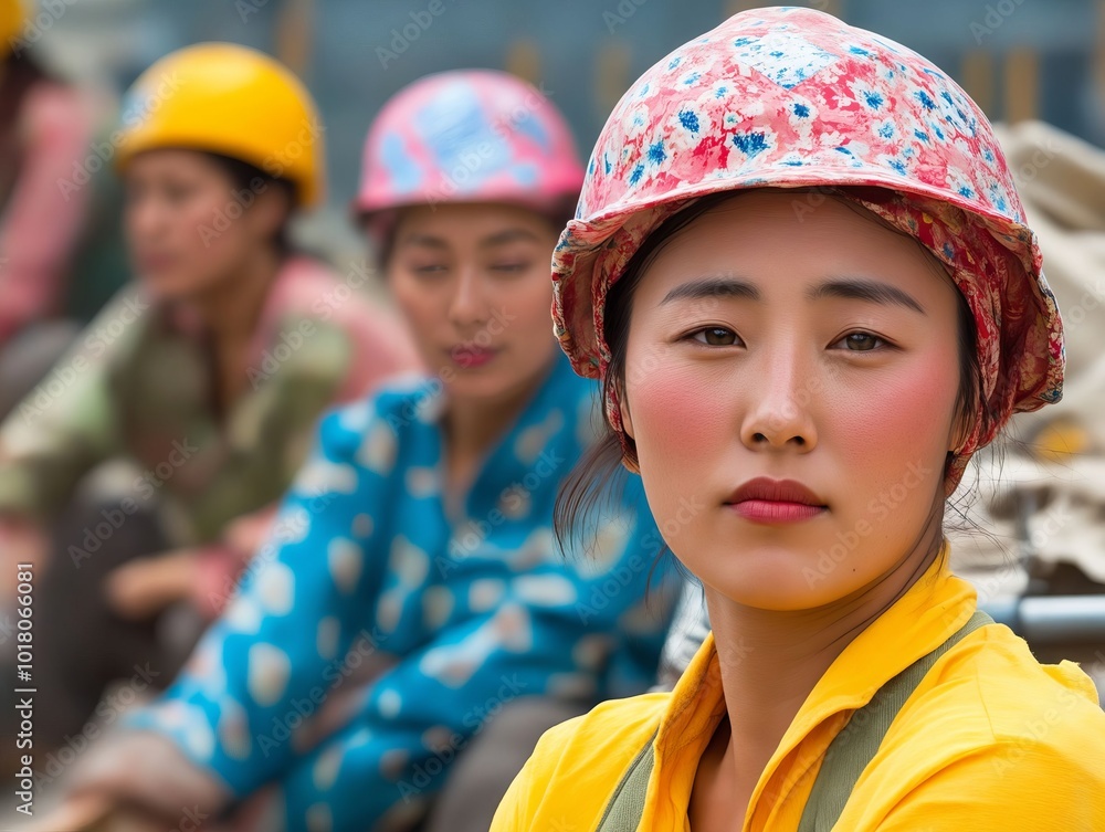 A group of women wearing hard hats sitting next to each other A group of women wearing hard hats sitting next to each other