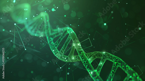 Artificial Intelligence DNA particle waves future connect innovation vector design. Big data biology dna molecule background. Technology ai green particles dots banner.  photo