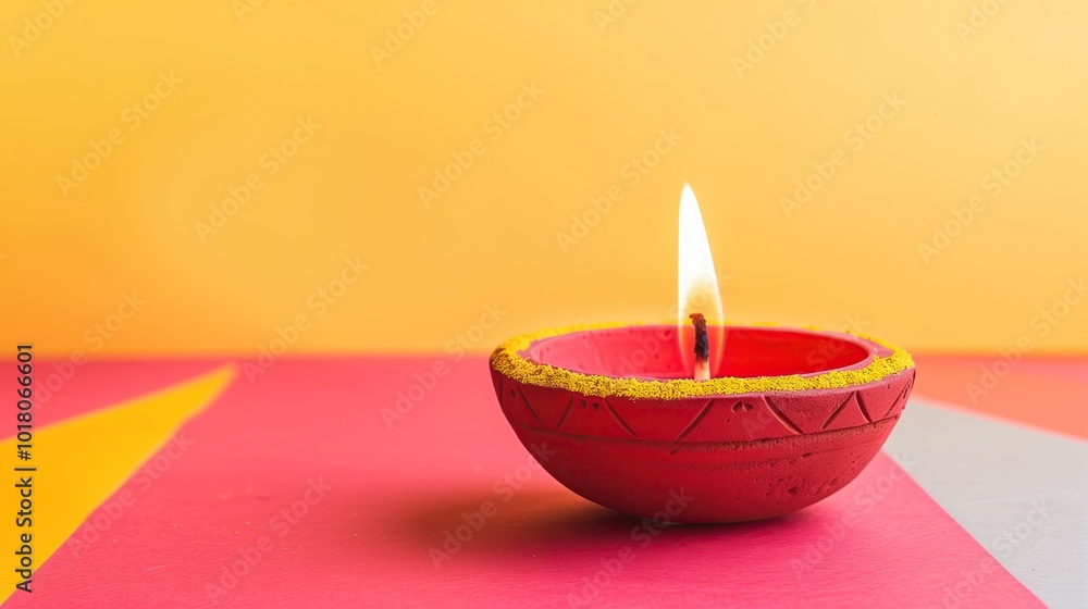 happy diwali single lit diya candle sits on colorful background copy space happy diwali single lit diya candle sits on colorful background copy space