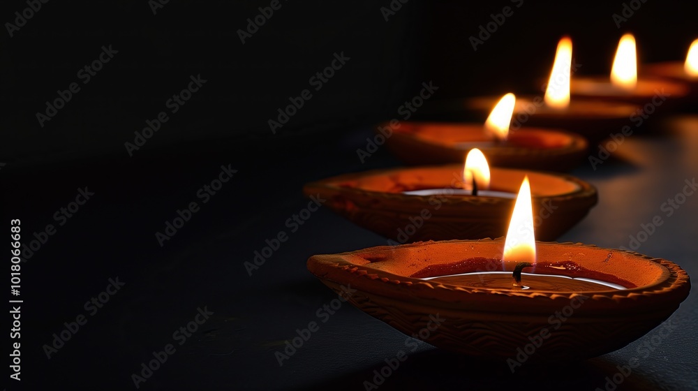 row of lit diyas glows in darkness happy diwali traditional hindu festival celebration with copy space row of lit diyas glows in darkness happy diwali traditional hindu festival celebration with copy space