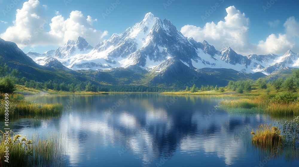 A serene mountain lake with snow-capped peaks reflected in its calm waters under a clear blue sky. A serene mountain lake with snow-capped peaks reflected in its calm waters under a clear blue sky.