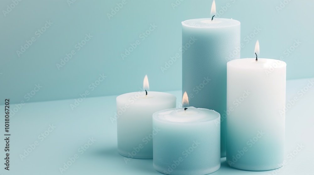 Four blue white candles burn on light blue background Four blue white candles burn on light blue background