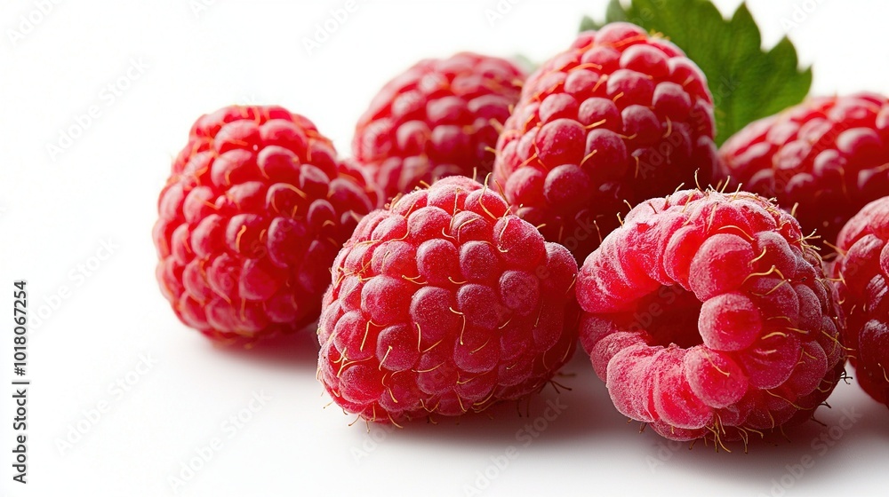 Raspberry cluster on white background, topped by green leaf Raspberry cluster on white background, topped by green leaf
