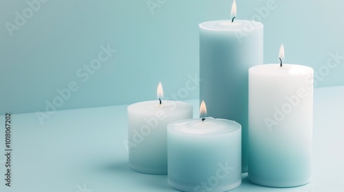 Wallpaper Mural Four blue white candles burn on light blue background Torontodigital.ca