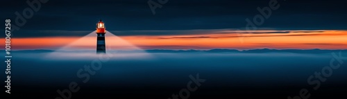 Lighthouse in the mist, casting a beacon of hope in the twilight, retro postcard aesthetic