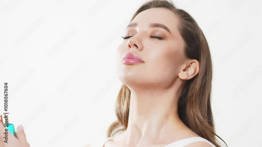 A charming young woman with light makeup holds and uses a spray bottle against a white background. This moment emphasizes the importance of daily skincare and beauty in every woman's life. A charming young woman with light makeup holds and uses a spray bottle against a white background. This moment emphasizes the importance of daily skincare and beauty in every woman's life.