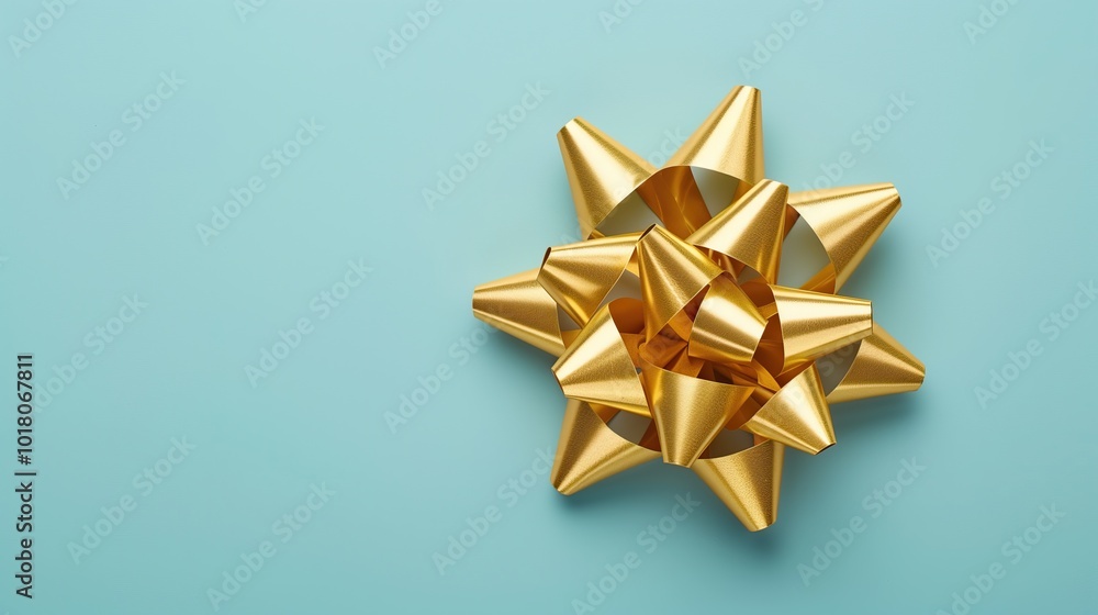 golden bow on blue background festive celebration element top view copy space golden bow on blue background festive celebration element top view copy space