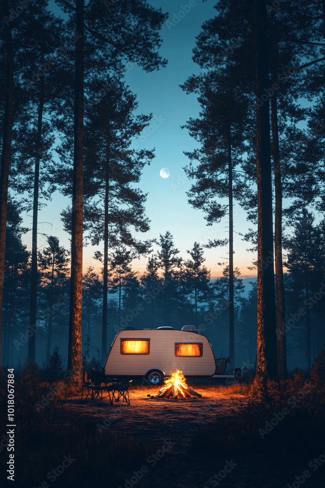 Cozy camping night with a caravan and campfire Cozy camping night with a caravan and campfire