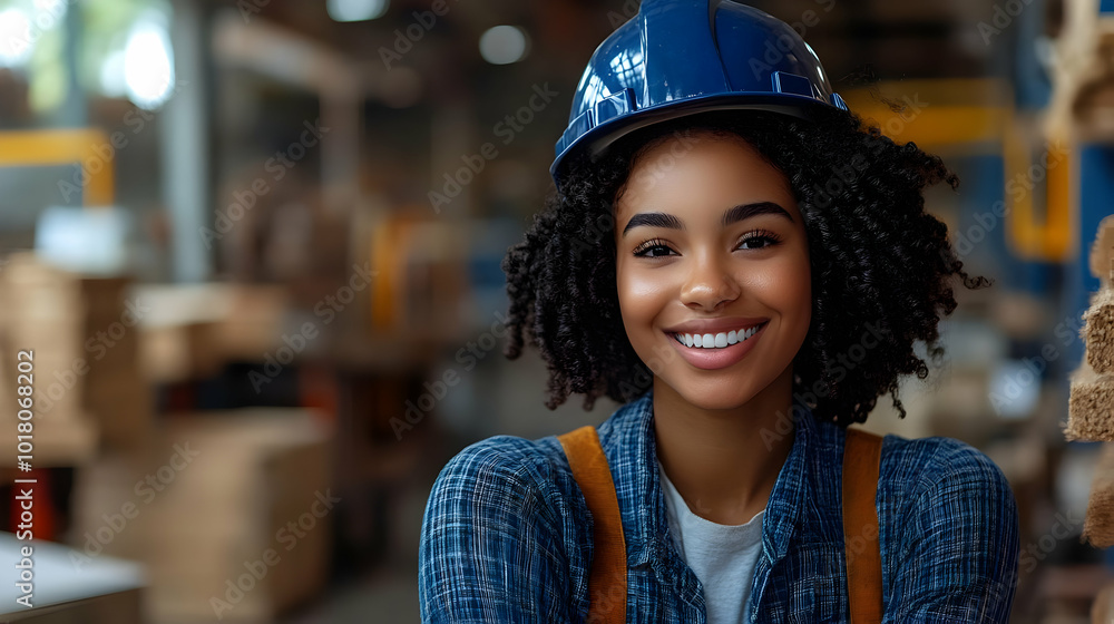 Smiling woman in safety gear, standing in a workshop setting. Smiling woman in safety gear, standing in a workshop setting.