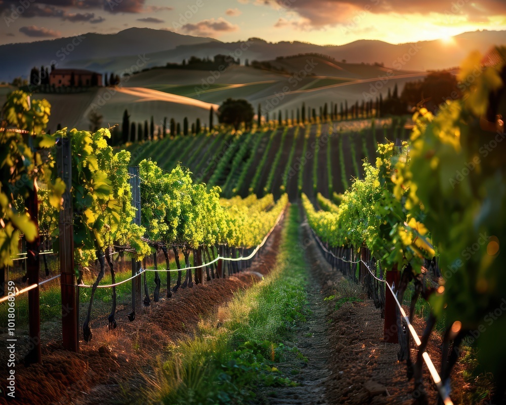 Fototapeta premium Lush green vineyards in Tuscany, vibrant greens, photography, serene, inviting