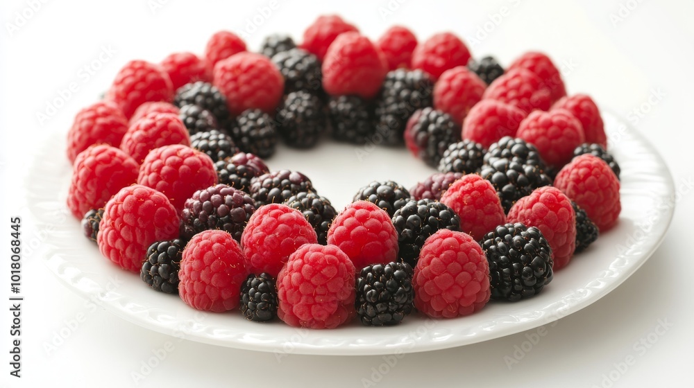 A white plate holds a circle of juicy, fresh raspberries and blackberries. A white plate holds a circle of juicy, fresh raspberries and blackberries.