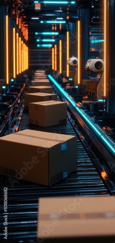 Automated conveyor belt with cardboard boxes in a high-tech warehouse environment. photo