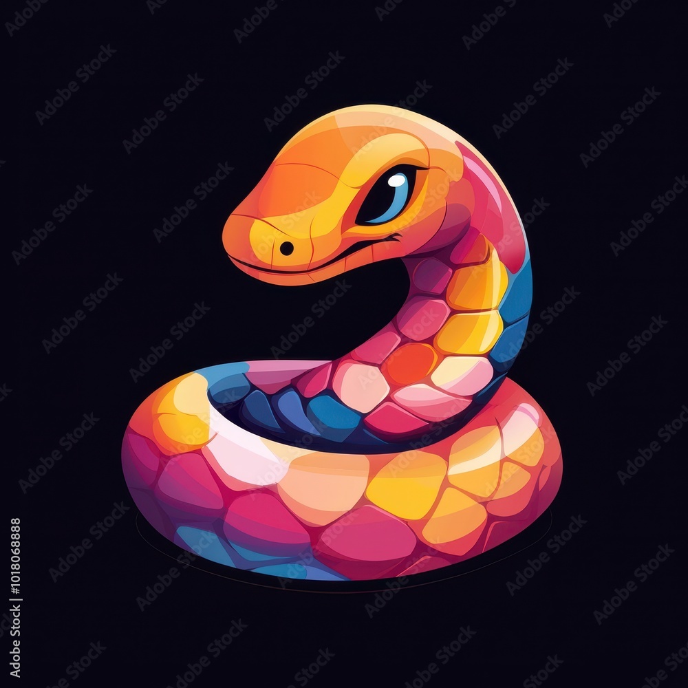 Fototapeta premium Colorful cartoon snake design on a black background.