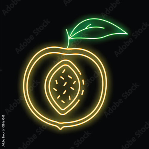 Glowing neon sign depicting a peach with a pit and leaf on black background