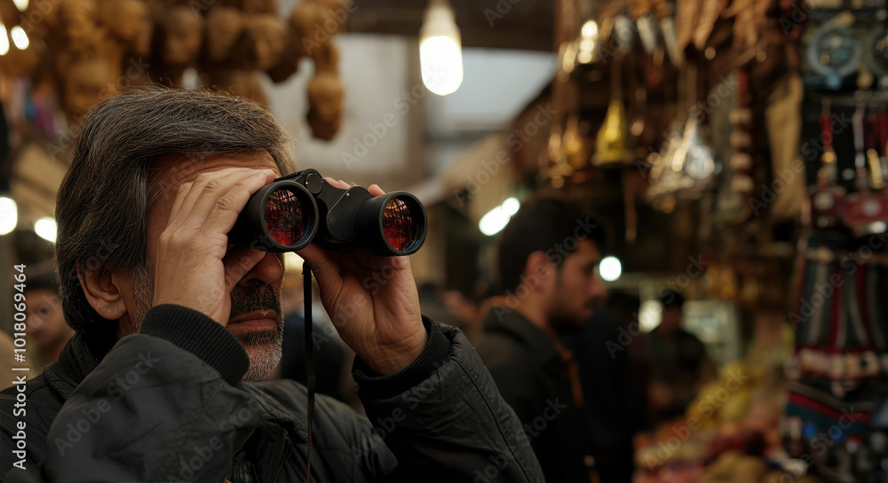Middle-aged man using binoculars in busy market with various goods Middle-aged man using binoculars in busy market with various goods