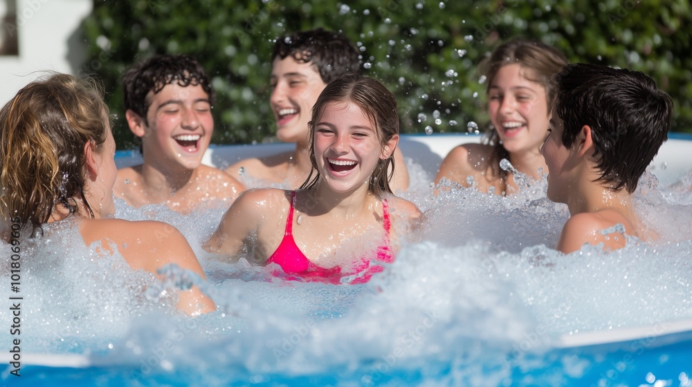 Group of young friends enjoying in a spa outdoors Group of young friends enjoying in a spa outdoors