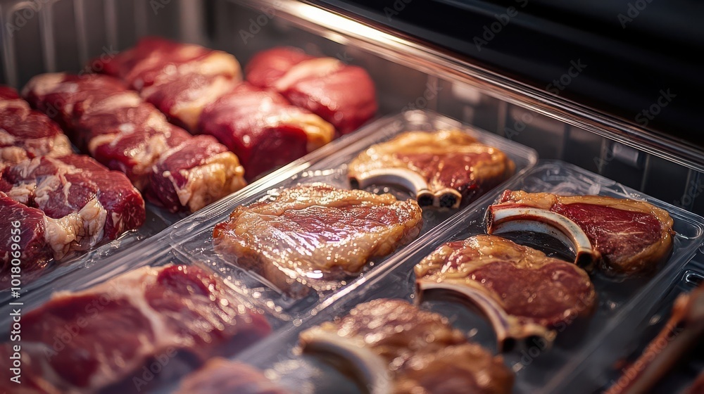 Fresh meat cuts stored in a modern refrigerator, showcasing various types and packaging for culinary uses. Fresh meat cuts stored in a modern refrigerator, showcasing various types and packaging for culinary uses.