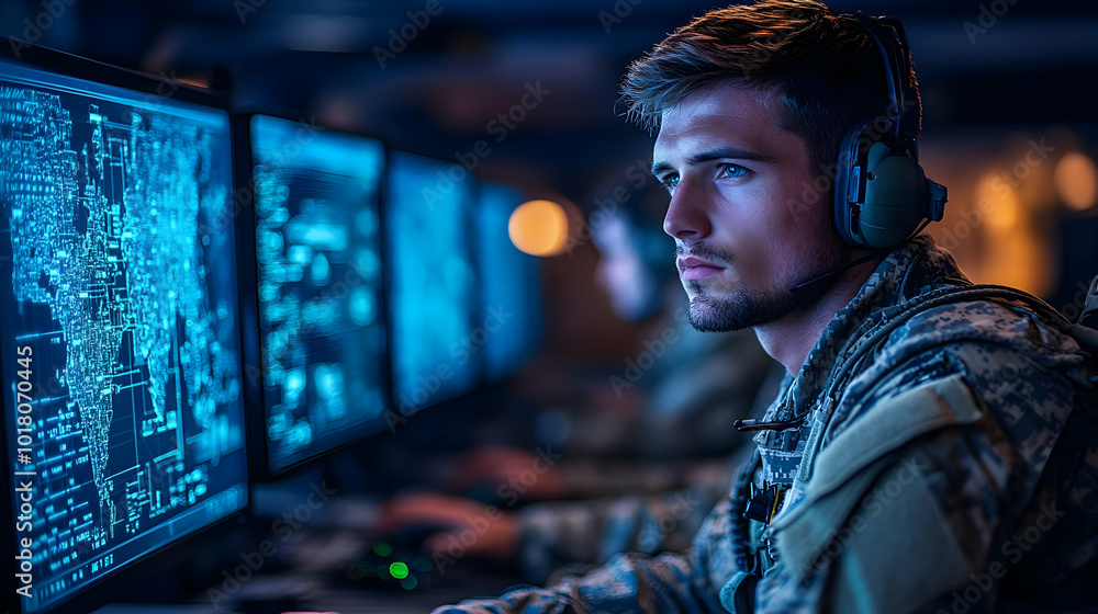 Soldier monitoring data on multiple screens in a military setting. Soldier monitoring data on multiple screens in a military setting.