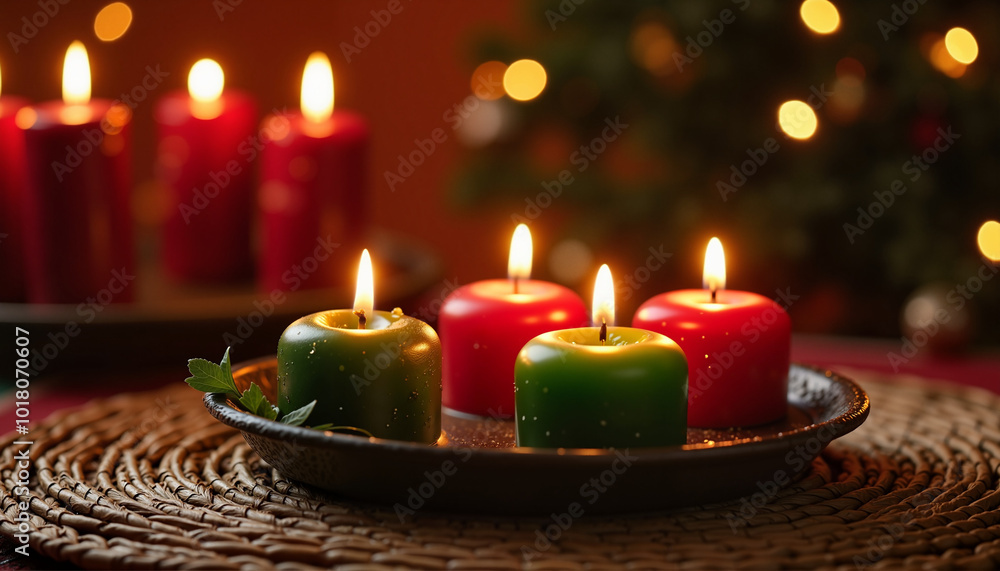 Candles on a festive table with warm glow, holiday decor, cozy atmosphere, blurred background Candles on a festive table with warm glow, holiday decor, cozy atmosphere, blurred background