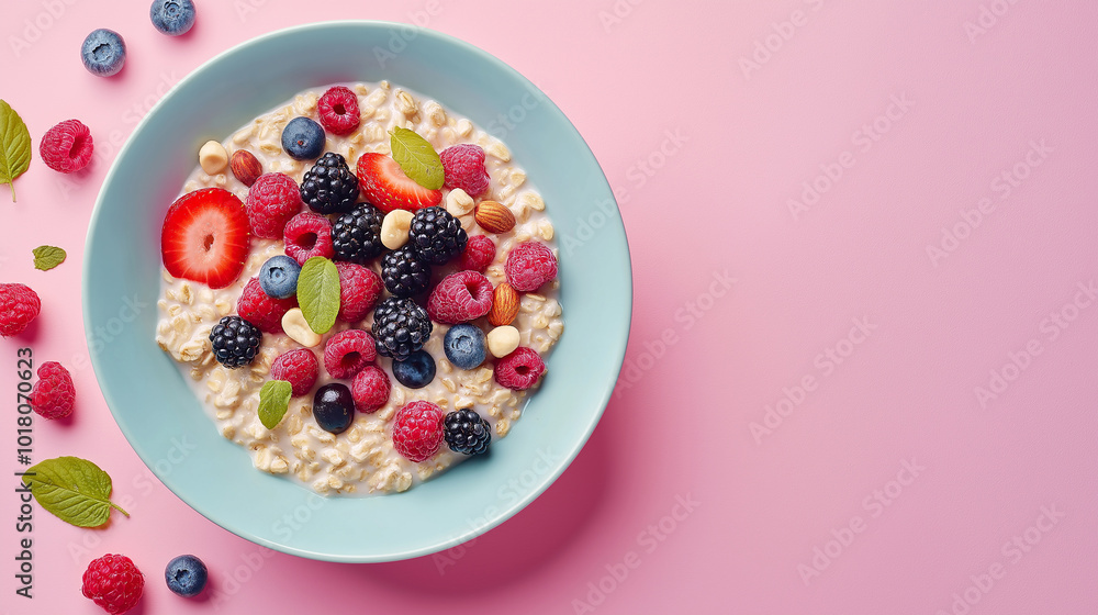 A bowl of oatmeal with strawberries and blueberries on top A bowl of oatmeal with strawberries and blueberries on top