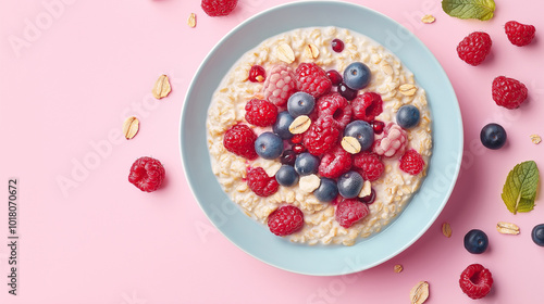 A bowl of oatmeal with strawberries and blueberries on top