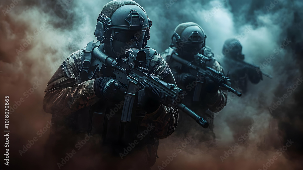 Soldiers in tactical gear navigating through smoke with rifles. Soldiers in tactical gear navigating through smoke with rifles.