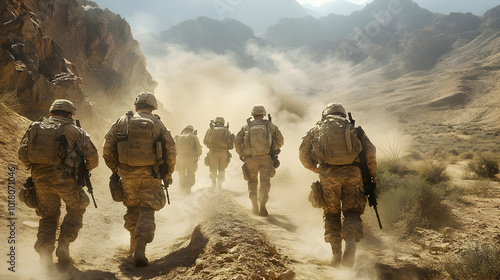 Soldiers navigating a dusty terrain in a mountainous landscape.