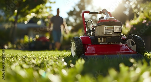 Close up of red lawnmower with defocused man mowing grass.