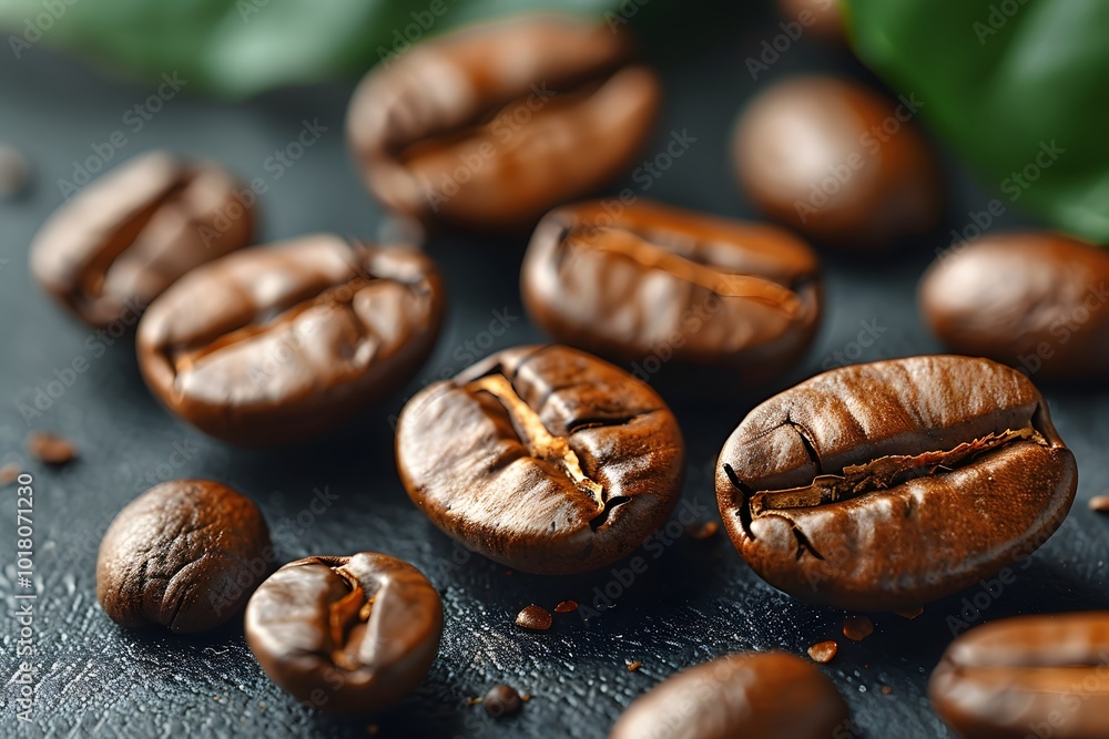 Close-Up of Coffee Beans on Dark Surface for Cafe Decor and Kitchen Art Close-Up of Coffee Beans on Dark Surface for Cafe Decor and Kitchen Art