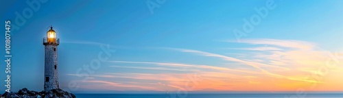 Sunset illuminating an old stone lighthouse on a peaceful shore photo