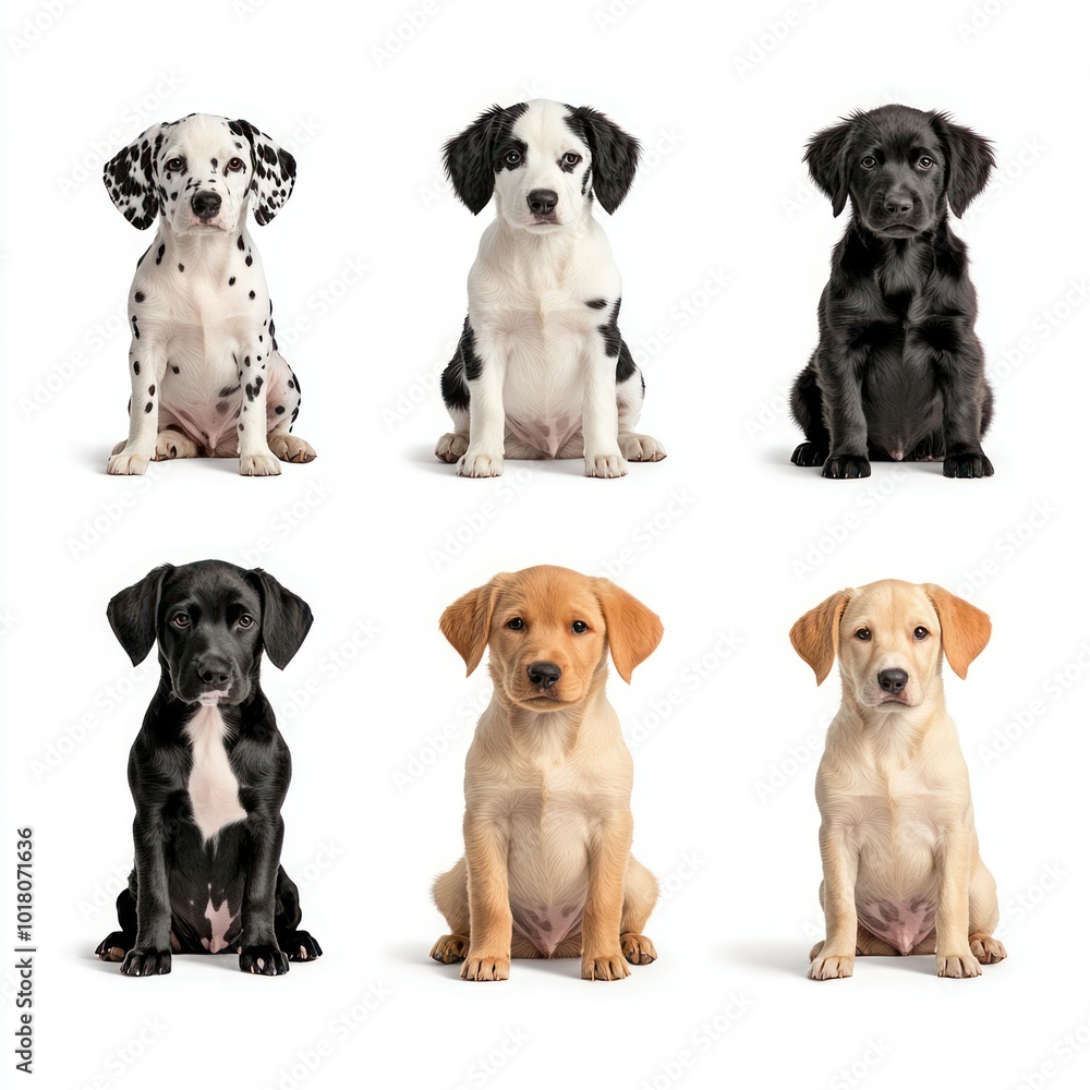 Assorted Sitting Dog Collection: Dalmatian, German Shepherd, Australian Shepherd, Labrador & Golden Retriever Isolated on White Assorted Sitting Dog Collection: Dalmatian, German Shepherd, Australian Shepherd, Labrador & Golden Retriever Isolated on White