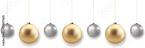 Christmas silver and gold balls with shadow on transparent background. Christmas toys. Luxurious hanging trinkets with ribbon. Festive glitter design elements. Vector illustration EPS 10