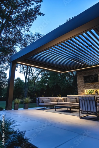 Contemporary pergola with smart louvers and LED lighting in a sleek setting.