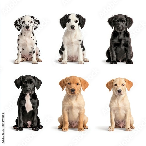 Assorted Sitting Dog Collection: Dalmatian, German Shepherd, Australian Shepherd, Labrador & Golden Retriever Isolated on White