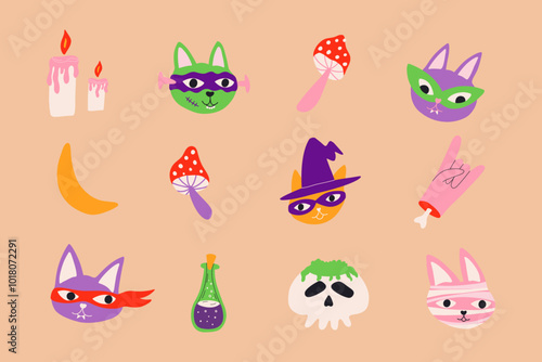 Set of Halloween cartoon elements. Cute funny creatures. Hand drawn Vector illustration with cartoon elements for sticker, banner, childish.