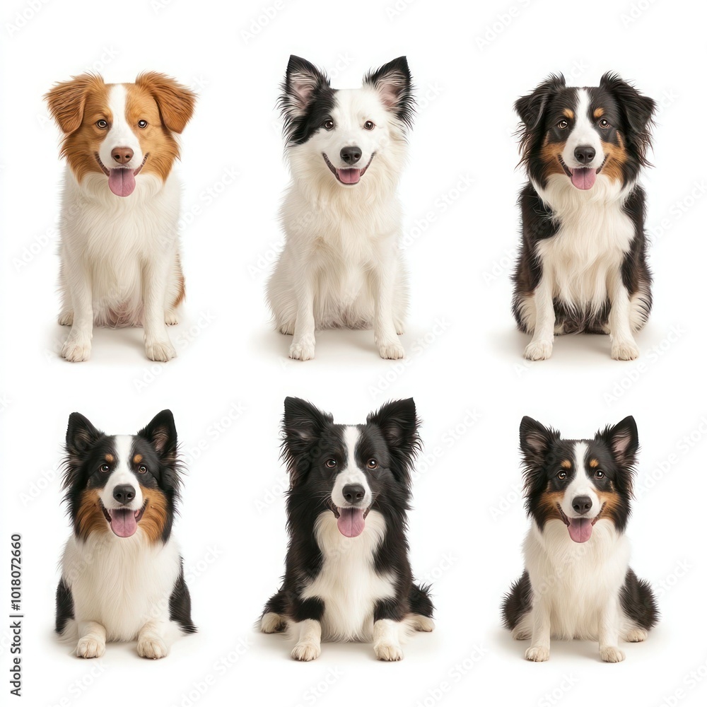 Joyful Border Collies: Collection of Sitting and Standing Dogs on White Background Joyful Border Collies: Collection of Sitting and Standing Dogs on White Background