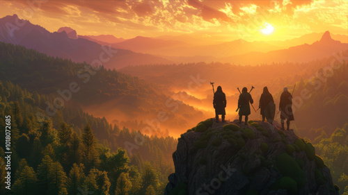 Silhouette of four medieval adventurers standing on a rocky outcrop at sunset in a breathtaking fantasy landscape