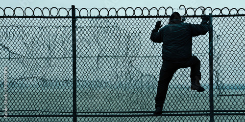 A man climbs over the fence. Creative concept of illegal migration and border crossing