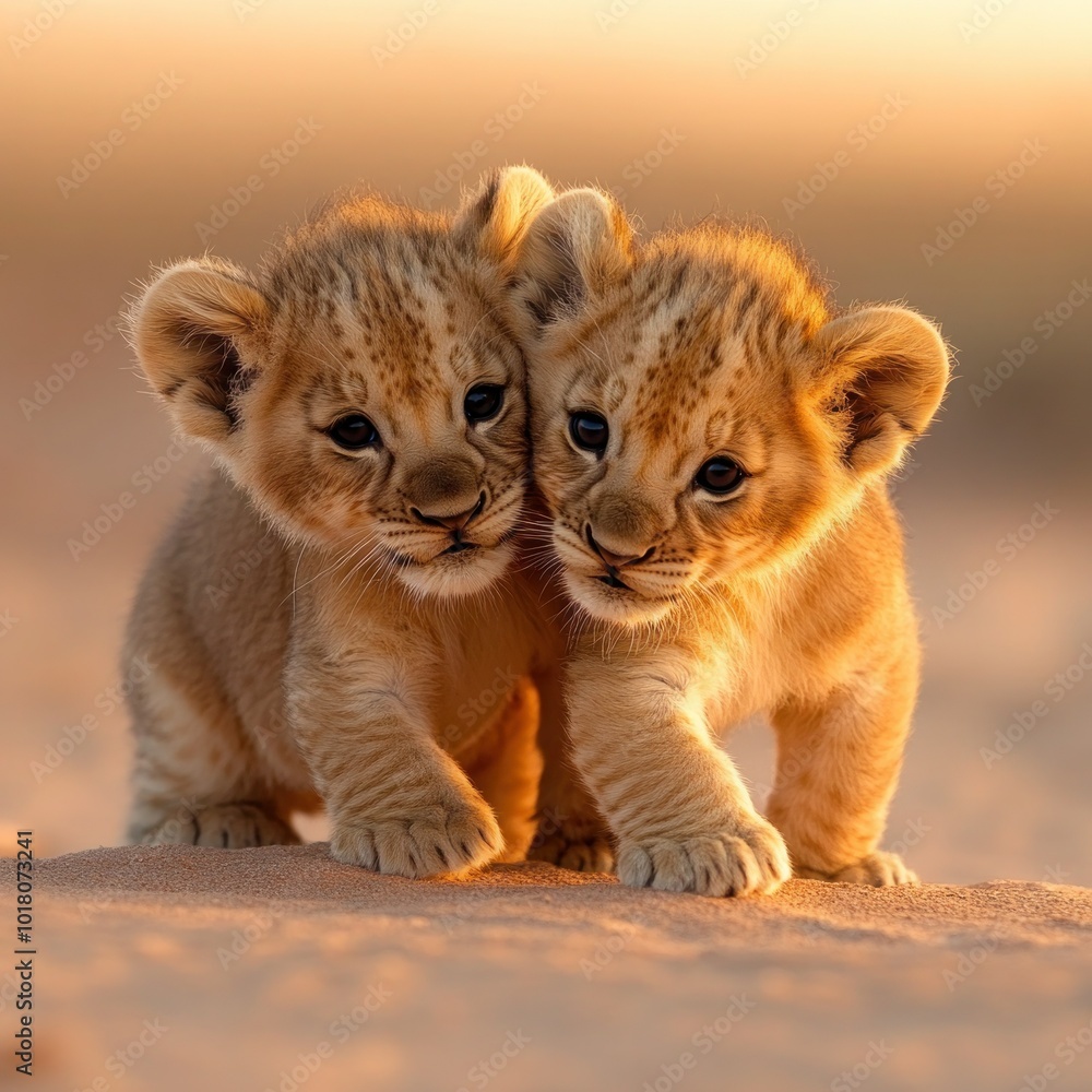 Cute Baby Lion Cubs Playing in African Savanna Cute Baby Lion Cubs Playing in African Savanna
