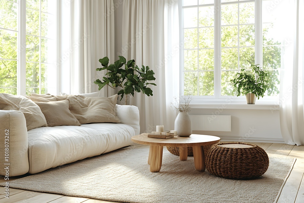 Fototapeta premium Cozy living room with natural light and plants.