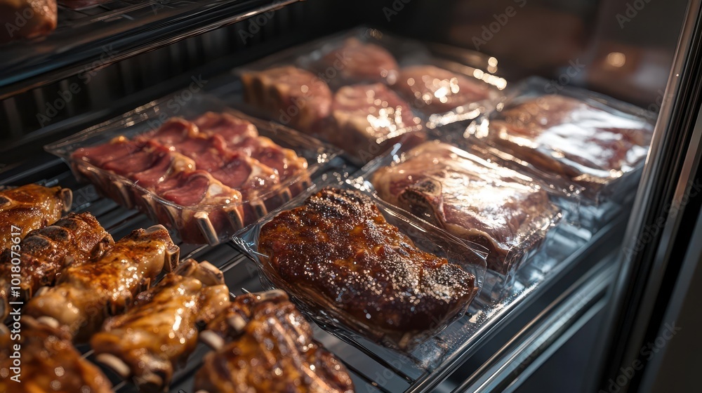 Freshly packaged meats in a refrigeration display, showcasing a variety of cuts ready for sale. Freshly packaged meats in a refrigeration display, showcasing a variety of cuts ready for sale.