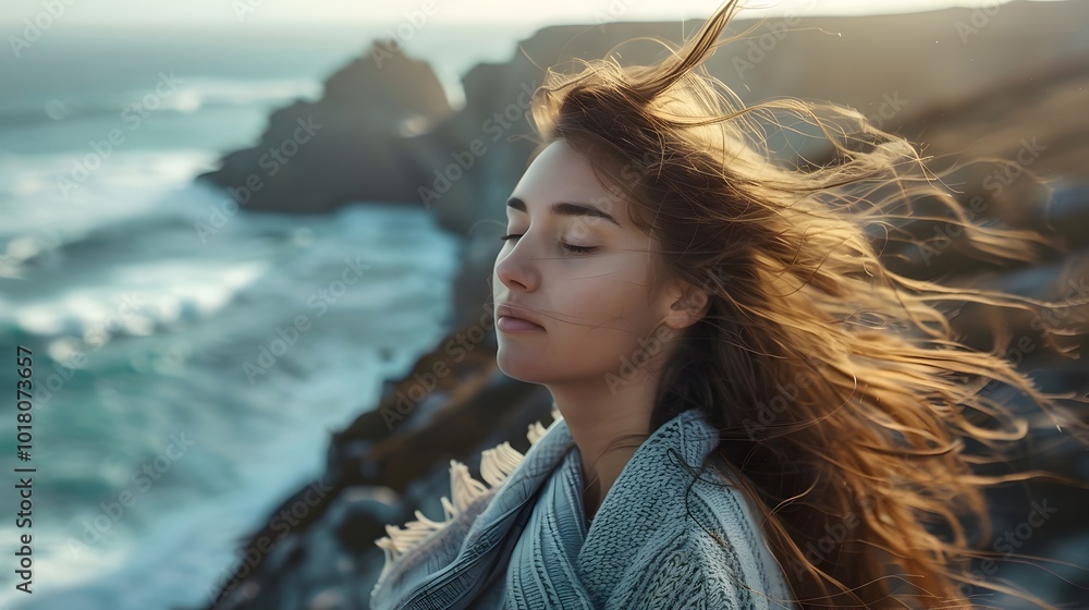Captivating Portrait of a Woman Amidst the Windswept Cliffs and Crashing Waves Captivating Portrait of a Woman Amidst the Windswept Cliffs and Crashing Waves
